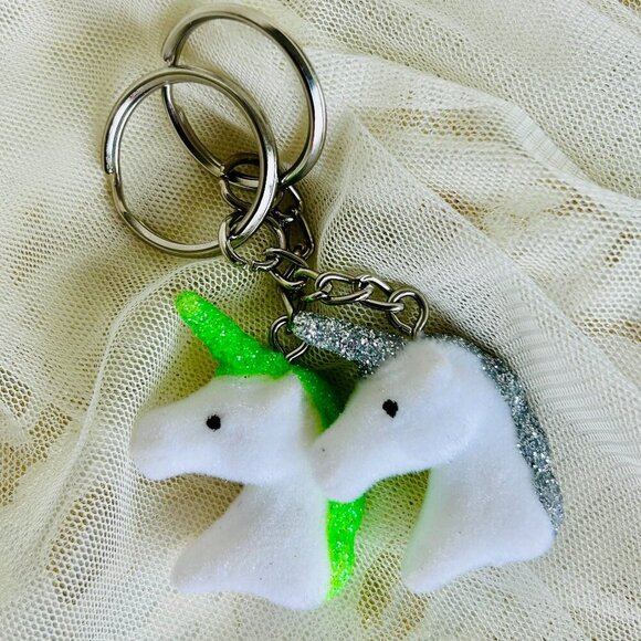 Set of TWO Glittery Green & Silvery Cute Unicorn charm Keychains - Picture 2 of 4